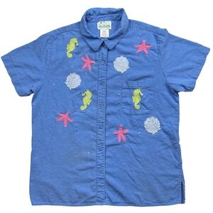 The Quarter Factory Embroidered Seahorse Shell Shirt Blue Linen Rayon Large